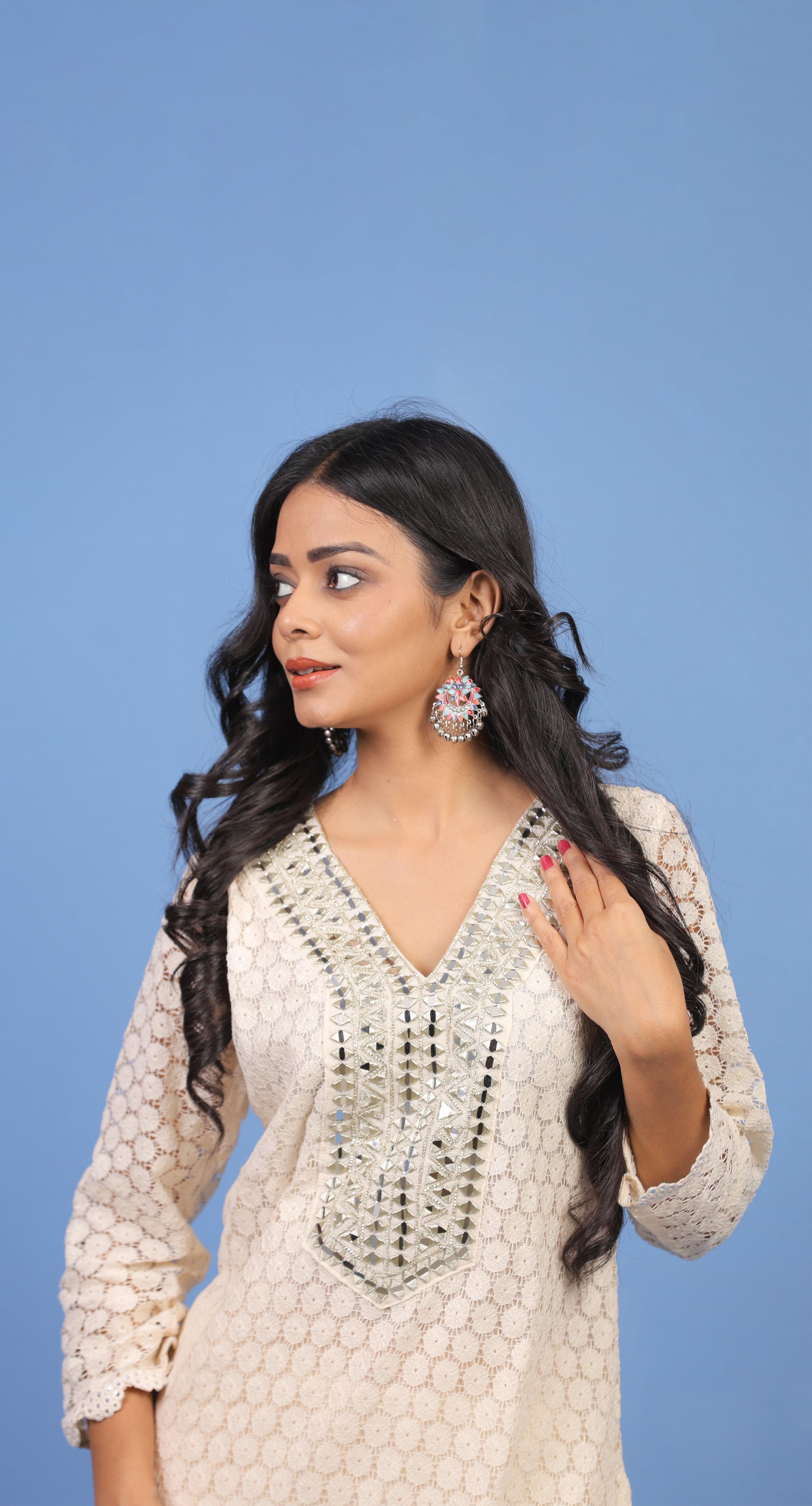 Mishy off white crochet Co-ord set with mirror work