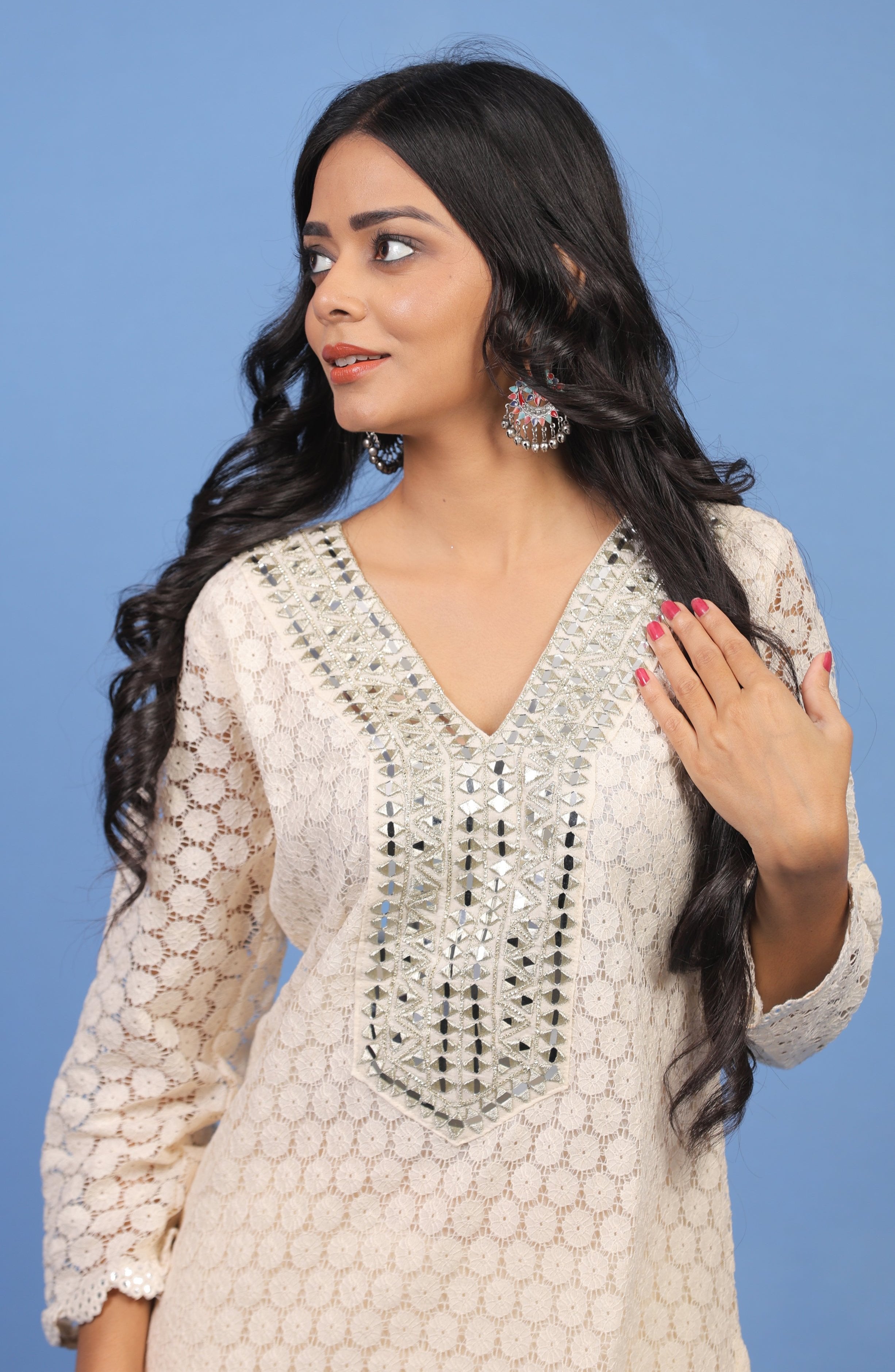 Mishy off white crochet Co-ord set with mirror work