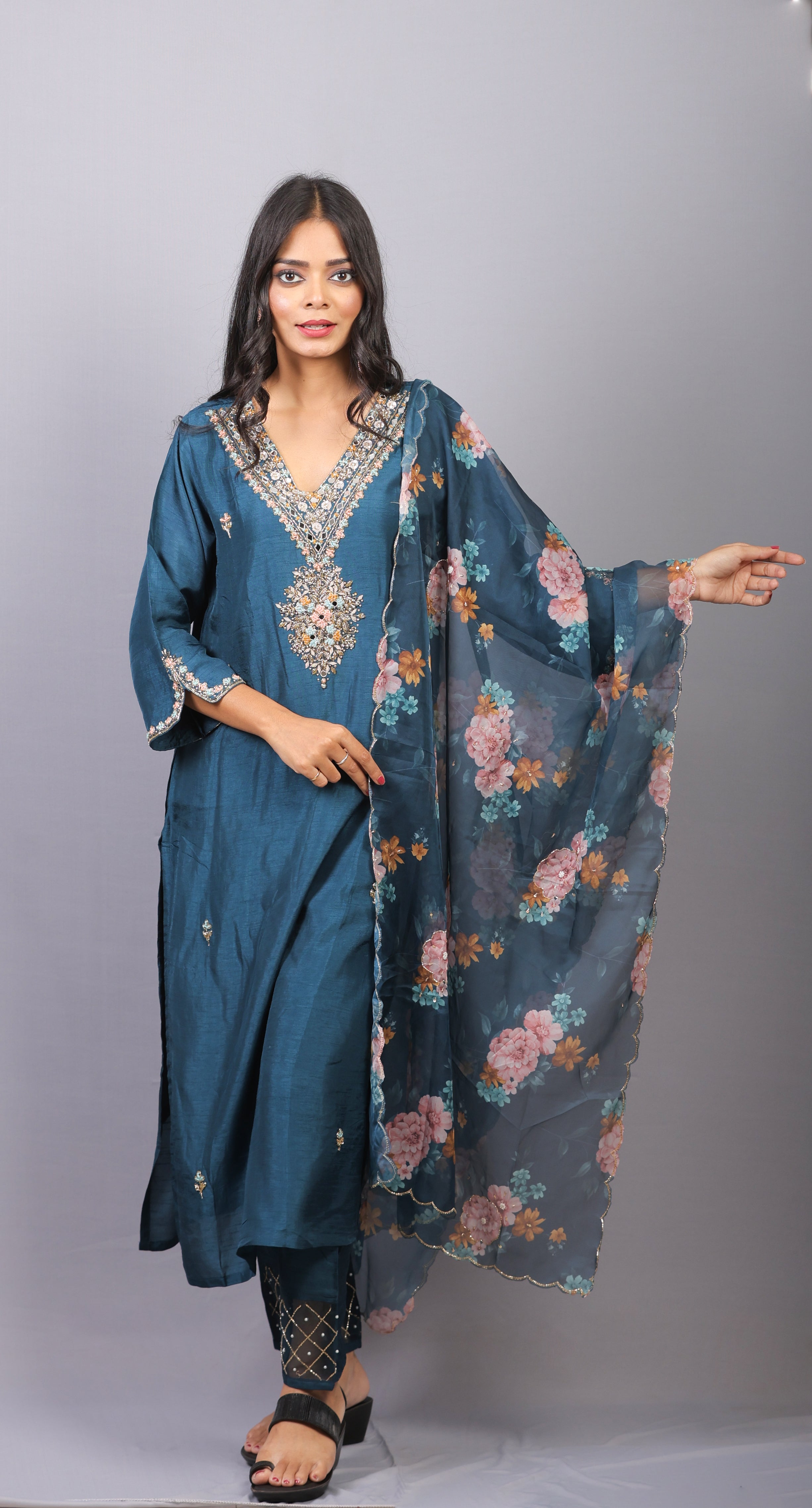 Mishy Blue  silk straight kurti set with heavy neck detail