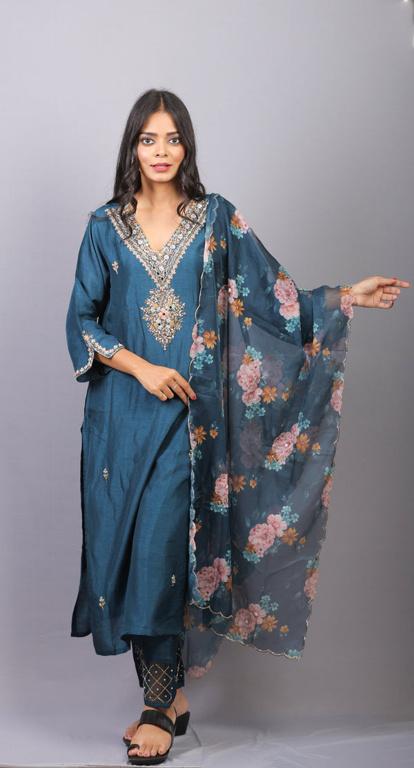 Mishy Blue  silk straight kurti set with heavy neck detail