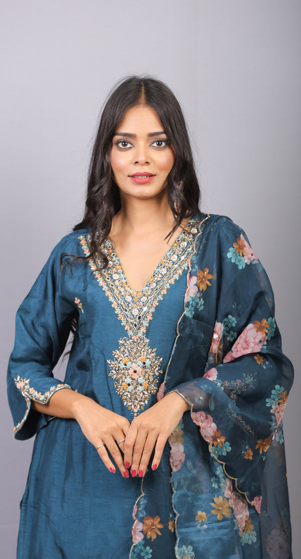Mishy Blue  silk straight kurti set with heavy neck detail
