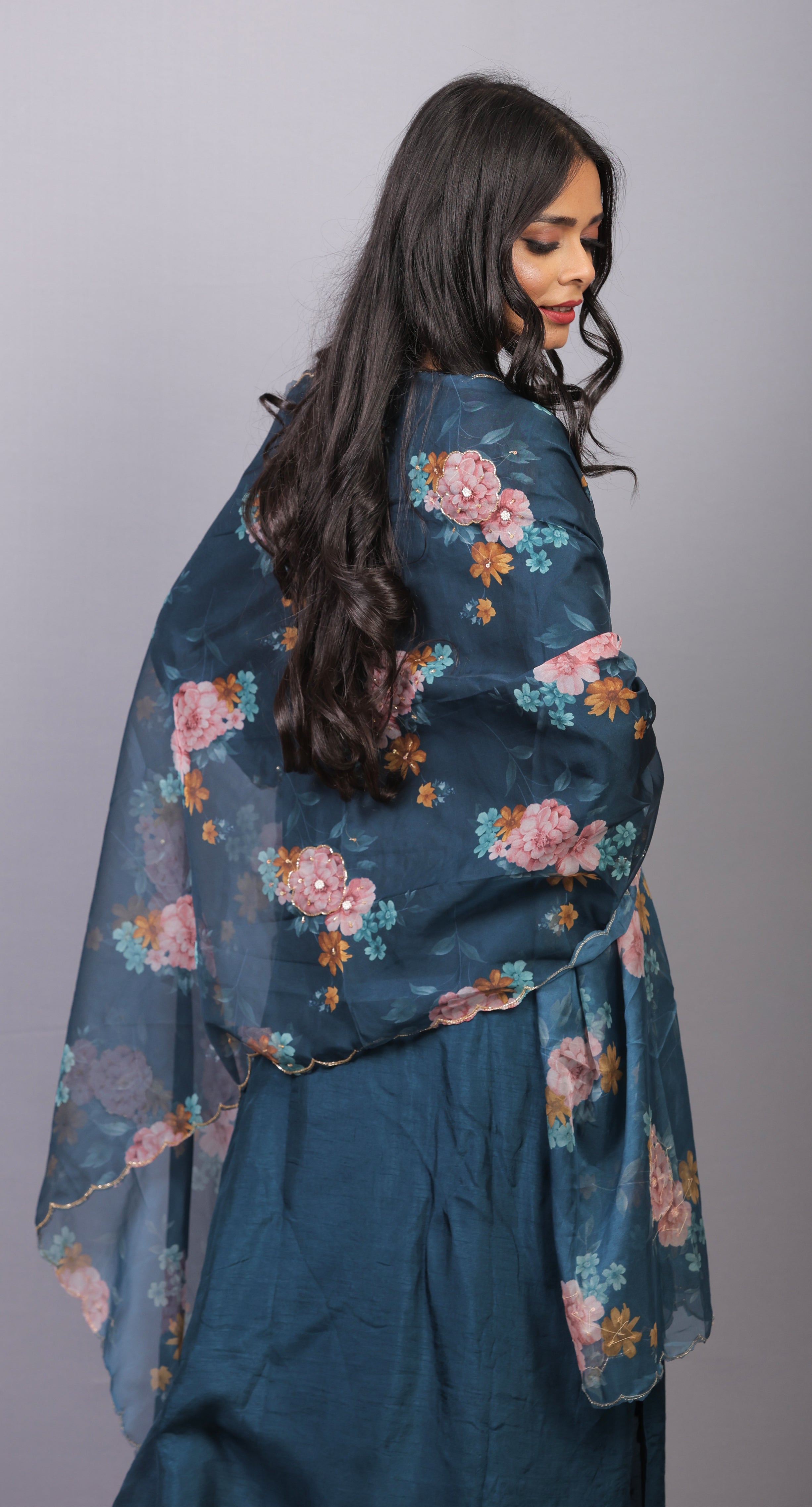 Mishy Blue  silk straight kurti set with heavy neck detail