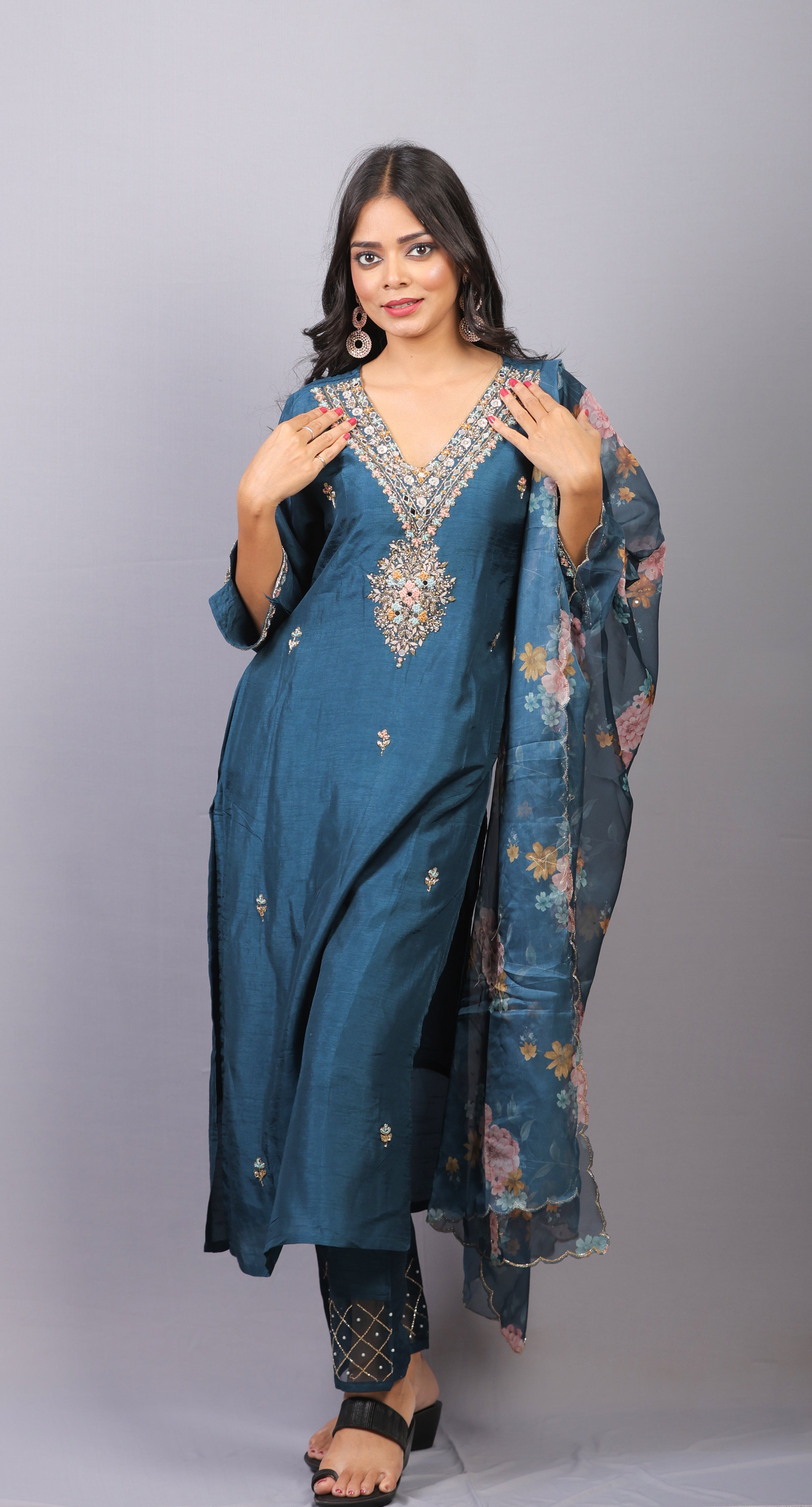 Mishy Blue  silk straight kurti set with heavy neck detail