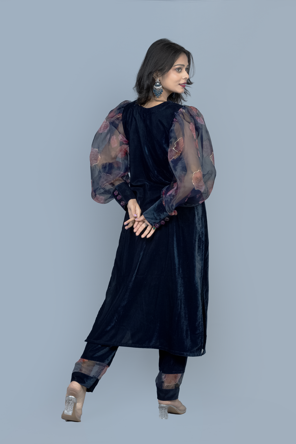 Navy Blue Organza sleeves Velvet Kurti set
