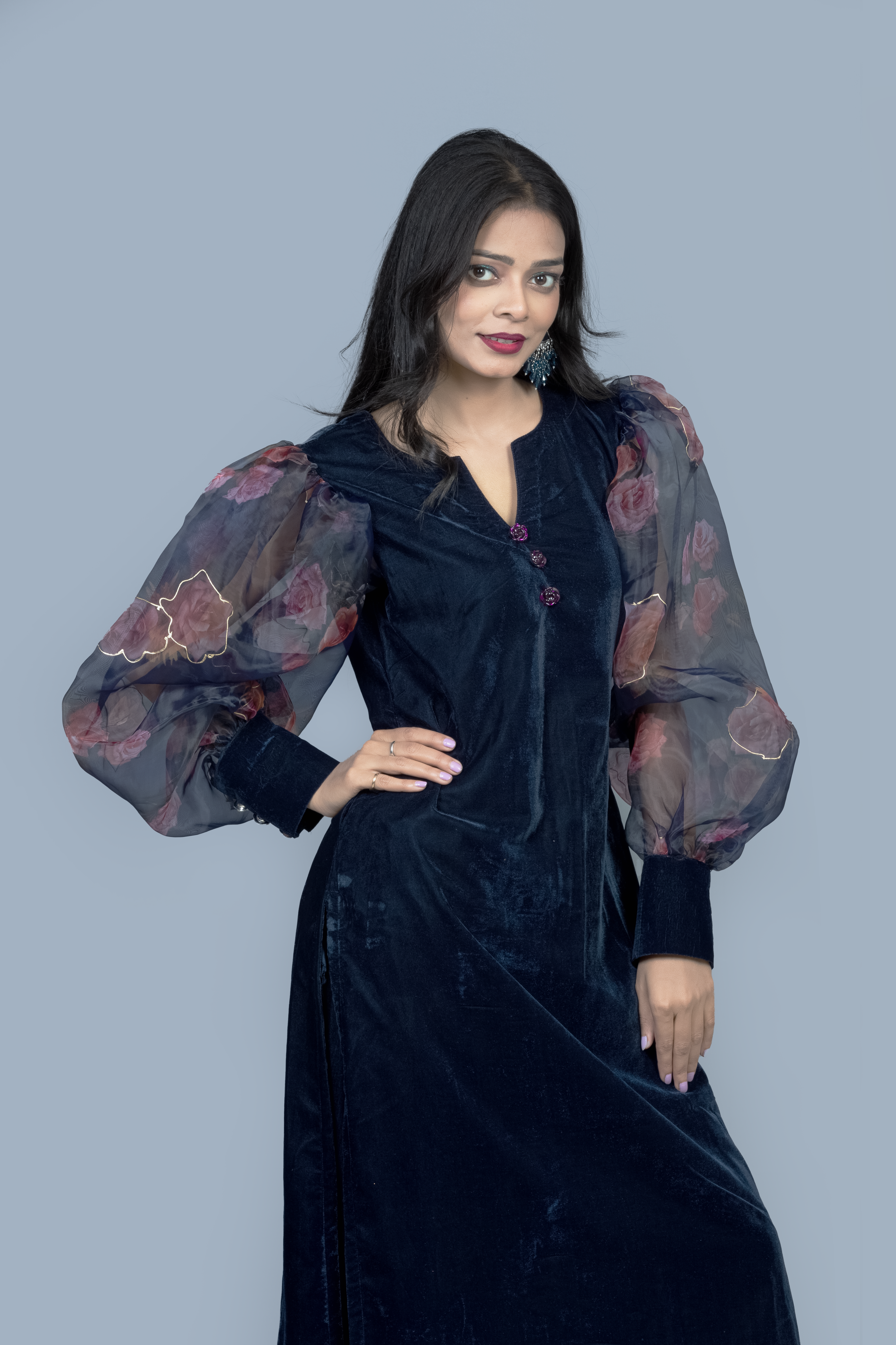 Navy Blue Organza sleeves Velvet Kurti set