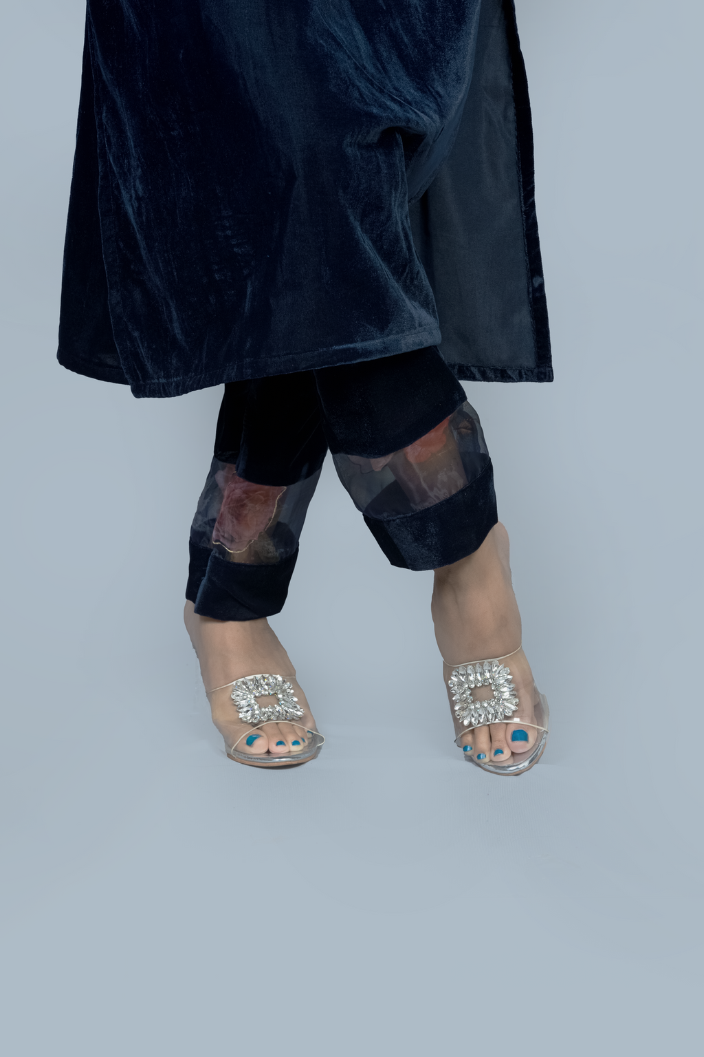 Navy Blue Organza sleeves Velvet Kurti set