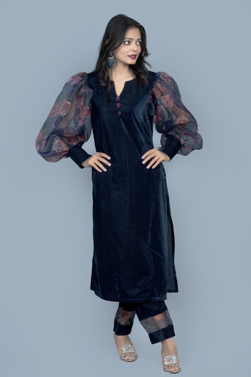 Navy Blue Organza sleeves Velvet Kurti set