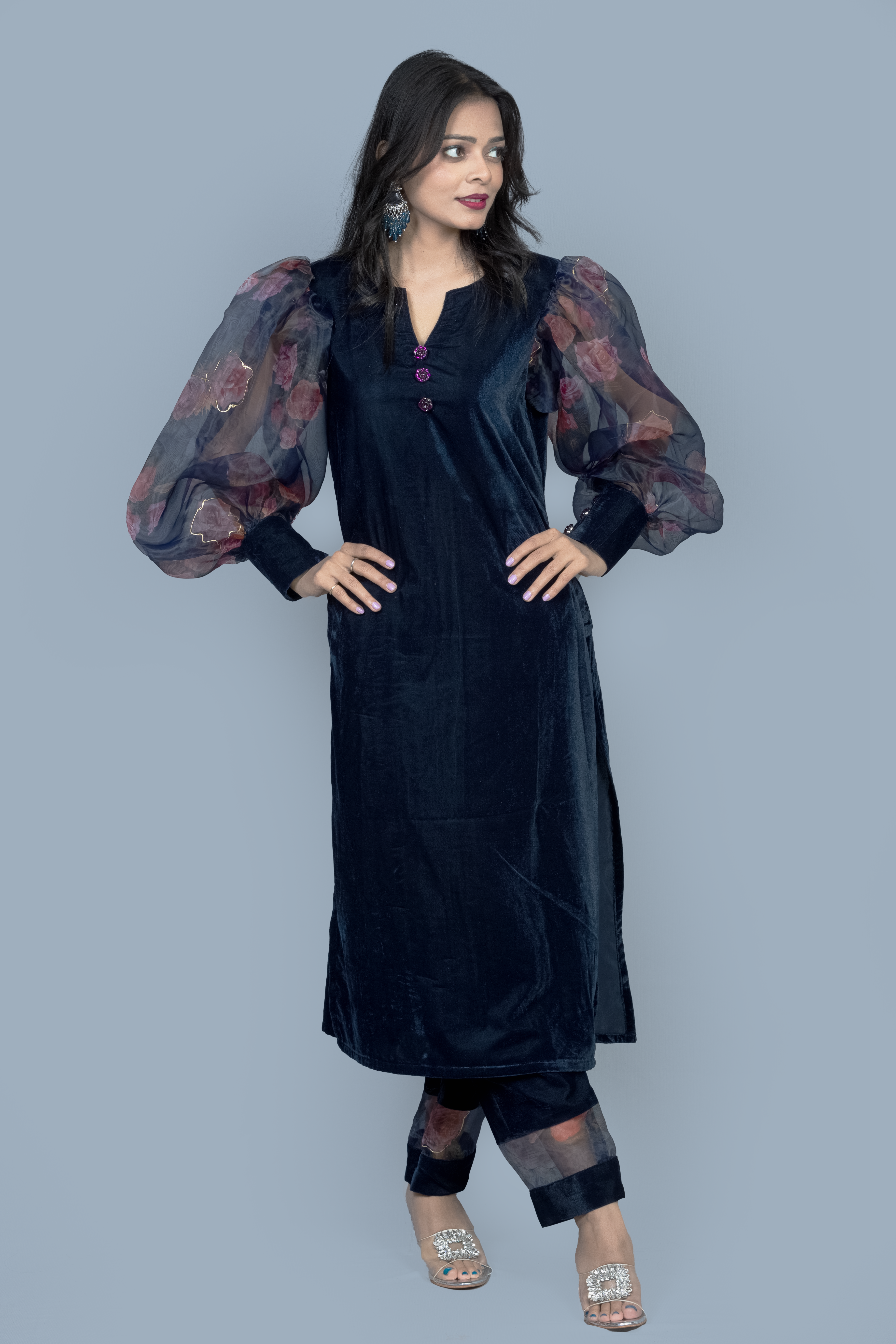 Navy Blue Organza sleeves Velvet Kurti set