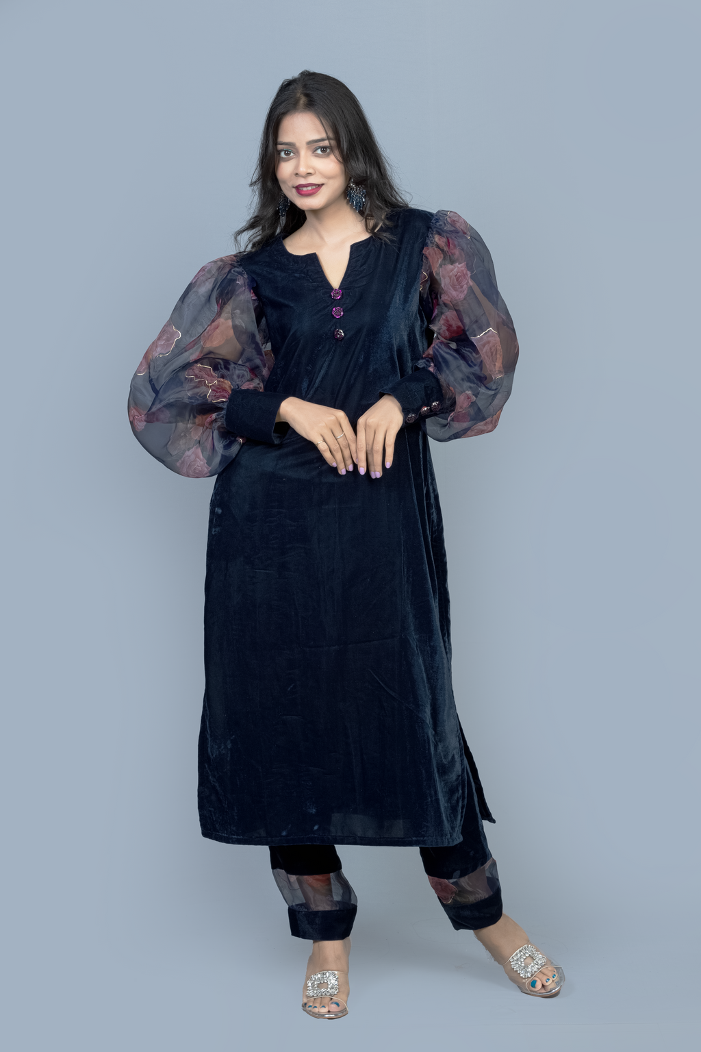 Navy Blue Organza sleeves Velvet Kurti set