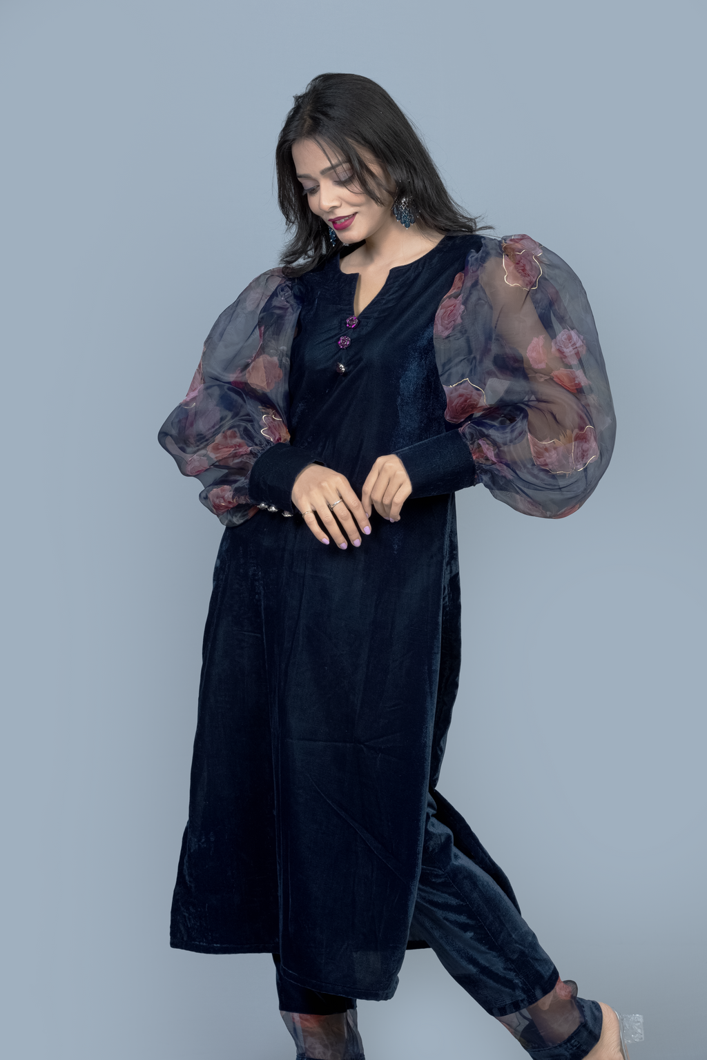 Navy Blue Organza sleeves Velvet Kurti set