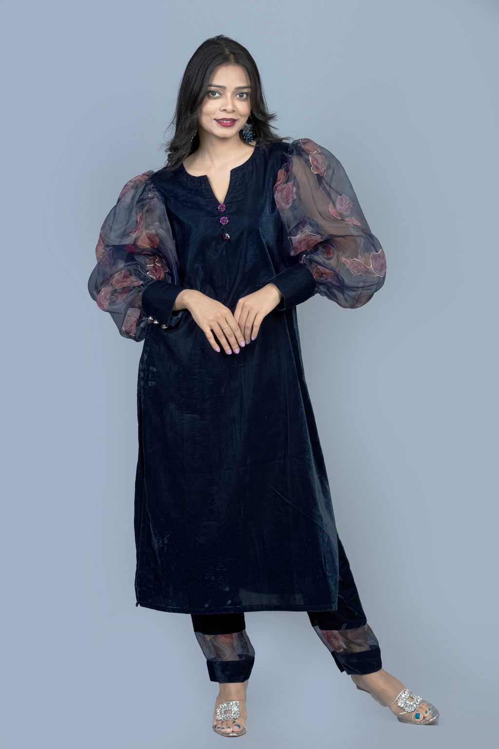 Navy Blue Organza sleeves Velvet Kurti set