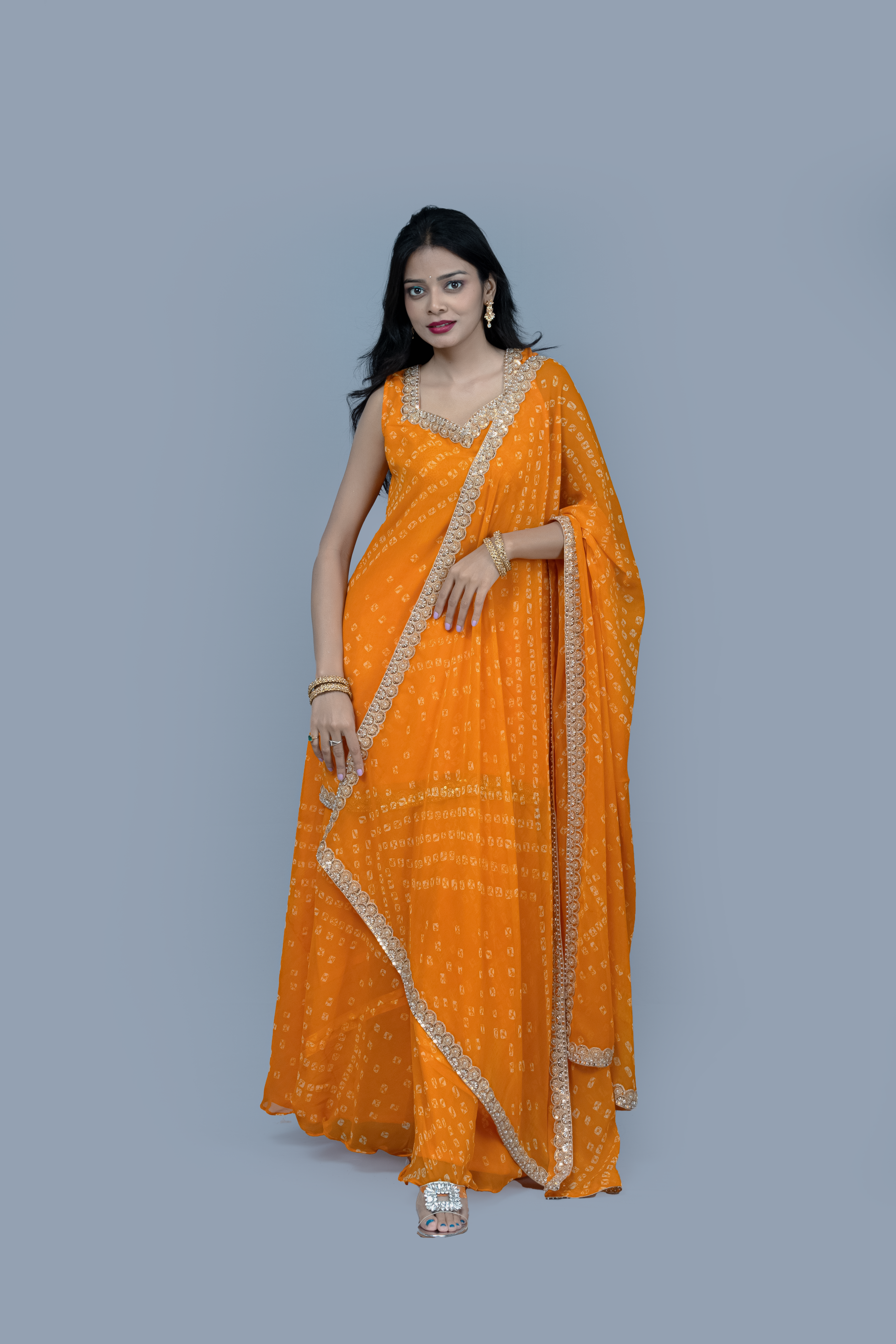 Yellow heavy work Georgette 3 piece Kurti set