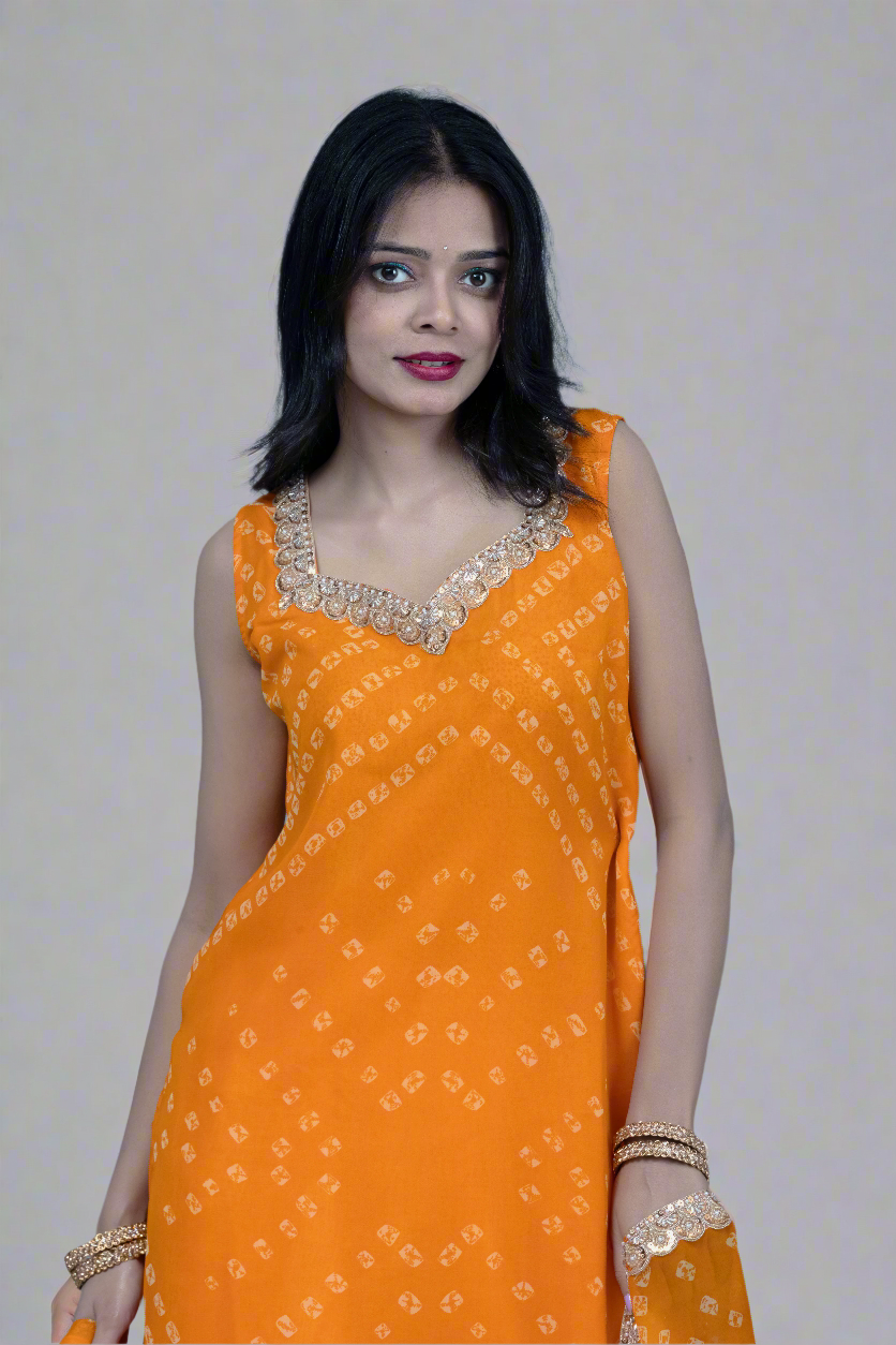 Yellow heavy work Georgette 3 piece Kurti set